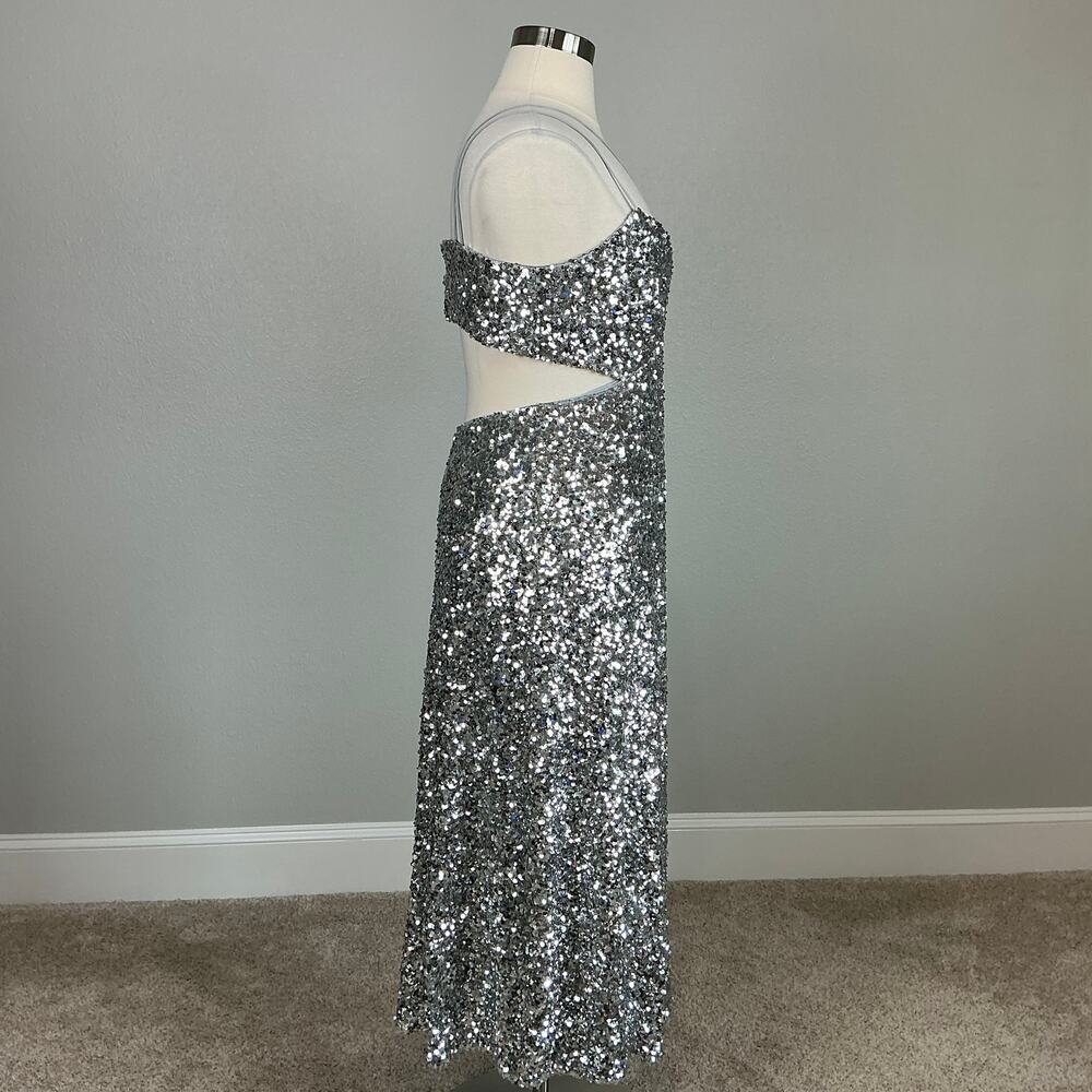 Sachin & Babi Sequined Cut Out Midi A-Line Evening Gown Silver Size 14 Dress - Picture 4 of 13